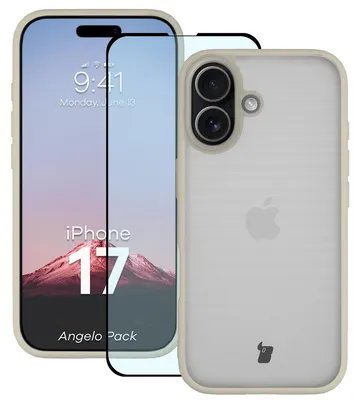 Produktbild von Schutzhülle + gehärtetem Glas für iPhone 17, Bizon Angelo Pack, Semitransparent mit beigem Rahmen