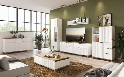 Produktbild von Wohnwand mit Sideboard und Couchtisch PLYMOUTH-129 in weiß mit Eiche Nb.