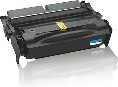 A black toner cartridge is shown on a white reflective surface.