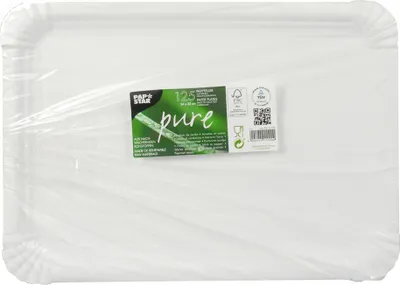 Zdjęcie produktu dla Talerz papierowy PAPSTAR "pure", kwadratowy, 240 x 330 mm, biały, wykonany w 100% z tektury z włókien pierwotnych, bezpieczny dla żywności, kompostowalny