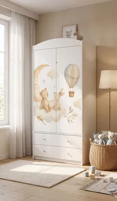 Image de Armoire pour enfants,Reproductionée, avec 2 portes, 2 tiroirs et une barre de suspension, pour chambre d'enfant, couleur blanche, dimensions : 88 x 187 x 54 cm
