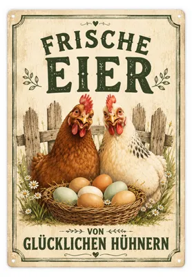 Produktbild von Blechschild 20x30cm Frische Eier von glücklichen Hühnern Bauernhof Landhaus Deko Metallschild Küchen Deko Farmhouse AstraDesign