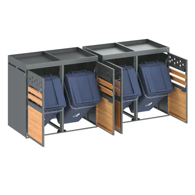Produktbild von Flieks Mülltonnenbox für 4 Tonnen 240L, Mülltonnenverkleidung Müllbox mit Pflanzdach und Anthrazit Tür, Mülltonnenboxen Outdoor, 264x80x125cm, Grau