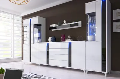 Produktbild von Wandschrank Marco 6 Wohnzimmermöbel Set + Led (Weiss/Schwarz)