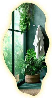 A mirror reflecting a bathroom scene with plants and a towel.