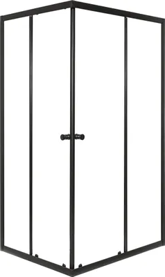 A black framed glass shower enclosure shown from a corner perspective.