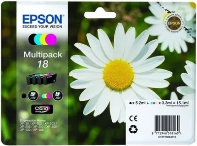 Produktbild von Epson Daisy Multipack 4-colours 18 Claria Home Ink, Schwarz, Cyan, Magenta, Gelb, 5,2 ml, 3,3 ml, 1 Stück(e), 175 Seiten, Multipack
