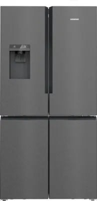 A front view of a dark gray Siemens refrigerator with a water dispenser.