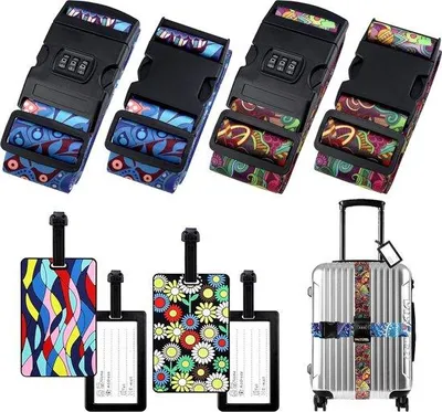 Produktbild von Famanu Kofferriemen Set mit Schloss + 4 Gepäckanhänger, Bunte Reiseaccessoires