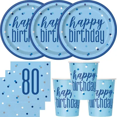 Produktbild von 80. Geburtstag Partyset Einweggeschirr hellblau blau 48 tlg. Partygeschirr Teller Becher Servietten