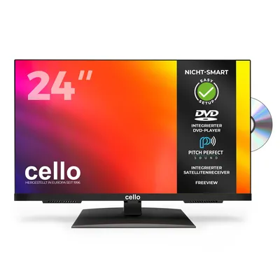 Imagen del producto de Televisor LED Cello de 24 pulgadas, modelo C2424F, sin marco, con reproductor de DVD integrado, sintonizador triple (DVBS2/T2/C) y sonido de alta calidad. Ideal para la cocina y la habitación de los niños