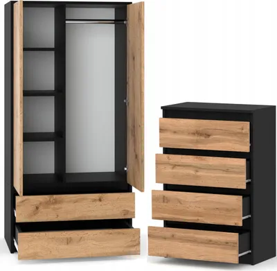 A product shot of a black wardrobe with wood-effect doors and drawers, and a matching chest of drawers.