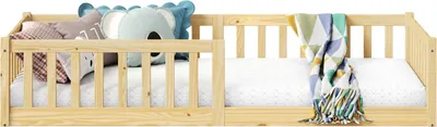 Produktbild von Bodenbett GUSTAVO mit Rausfallschutz Kiefer Massiv – Natur 90 x 200 cm Bodenbett mit Rausfallschutz Montessori-Kinderbett