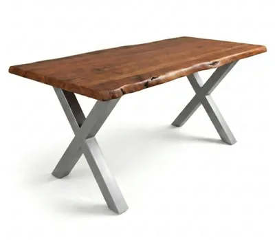 Produktbild von Baumkantentisch Cali 200 x 110 cm, Akazienholz massiv nussbaumfarben, 50 mm Tischplatte, Esstisch mit X-Metallgestell Silber, Industrial-Design
