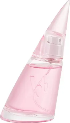 A pink perfume bottle with a clear cap and a clear base, set against a white background.