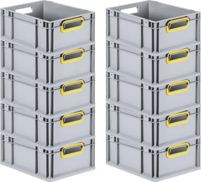 Produktbild von SuperSparSet 10x Eurobox NextGen Color | HxBxT 17x30x40cm | 16 Liter | Griffe gelb offen | Glatter Boden | Grau | Eurobehälter, Transportbox, Transportbehälter, Stapelbehälter