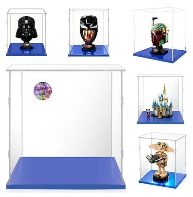 Produktbild von Transparente Vitrine für Sammlerstücke mit blauem Sockel