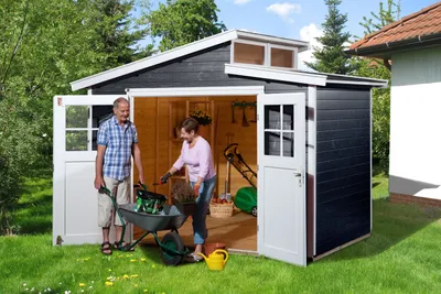 Produktbild von WEKA 226.3021.16400 Gartenhaus/Blockbohlenhaus Luna mit Doppeltür ; Größe: 3 ; Farbgebung: Anthrazit ; Wandstärke: 21 mm ; Maße (LxBxH): 295 cm x 209 cm x 252 cm ; Seitenwandhöhe: 197 cm