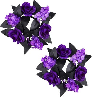 Produktbild von Halloween-Kerzenringe, Kranz, künstliche lila Rose, schwarze Blätter, Kerzenhalter-Kranz für Halloween-Tischdekoration