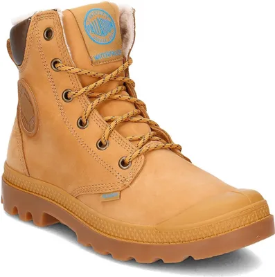 A single tan Palladium boot is shown against a white background.