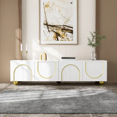 Produktbild von TV-Möbel – Lowboard – TV-Schrank – Sideboard – Mediamöbel – Weiß, Gold – Türen mit Push-to-Open-Mechanismus – 170x38x44 cm