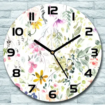 Produktbild von Wanduhr aus Glas Rund fi 30 Bunte Blumen Blätter Quarz Deko Schlafzimmer Büro