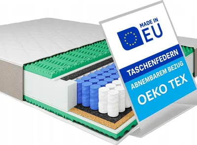 A cross-section of a mattress showing its internal layers, with a marketing label overlay.