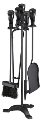 Image de Ensemble d'accessoires pour cheminée Relaxdays, lot de 5 pièces, tisonnier, pelle à cendres, balayette, pince et support, ensemble pour cheminée, acier, noir