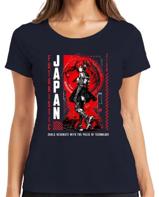 Productafbeelding van Futuristisch Japan 2150, cyborg anime meisje, cyberpunk, Y2K, manga, otaku, dames T-shirt, marineblauw, maat L