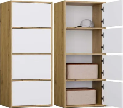A two-part image showing a tall, narrow cabinet with white doors and a wood-tone frame. The left side shows the cabinet closed with four white doors. The right side shows the cabinet open, revealing shelves with a hat on the top shelf and two fabric storag