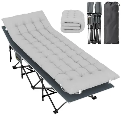 Produktbild von Feldbett faltbar Campingbett mit Matratze Kopfkissen Seitentasche 185 x 68 x 37 cm bis 150 kg Hellgrau