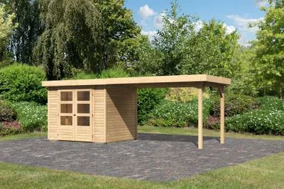 Produktbild von Karibu Gartenhaus Gerätehaus Askola 3 im Set mit Anbaudach 2,80 m Breite naturbelassen 497x217x211 cm