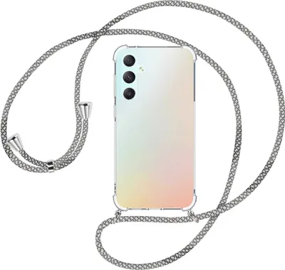 Produktbild von Handykette Backcover-Schutzhülle mit Band (Metall silberfarben) für Samsung Galaxy S23 FE (6.4'') - weiß/grau kariert