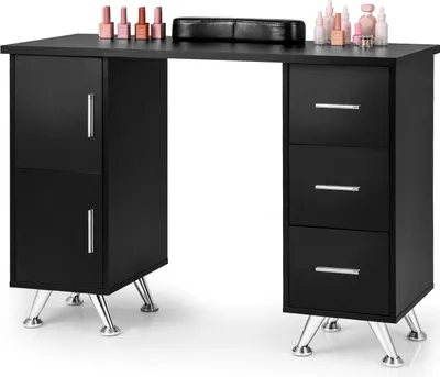 Produktbild von GOPLUS 2 in 1 Maniküretisch, Nagelpflegetisch mit 3 Schubladen, 2 Schränken, 8 Metallbeinen, Schreibtisch für Schönheitssalon, Zuhause (Schwarz)
