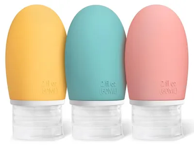 Produktbild von Silikon Reiseflaschen Set 3 Stück 60ml Auslaufsicher Nachfüllbar Gelb Cyan Rosa