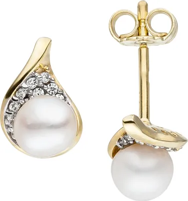 Produktbild von Ohrstecker weiße Süßwasser-Perlen Zirkonia 375 Gold Gelbgold Ohrringe Ohrschmuck