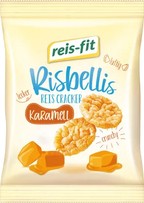 Produktbild von Reis-Fit Risbellis Caramel Fettarme Reis-Cracker mit Karamellgeschmack 6er Pack (6x40g Packung) + usy Block