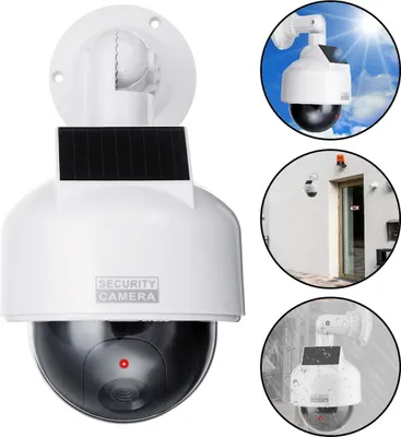 Produktbild von Speed Dome Solar Kamera Attrappe mit rot blinkender LED und Objektiv