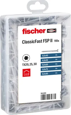 Image de fischer 562280 fischer Holzbauschrauben-Sortiment Profi-Box-ClassicFast SK TG TX 562280 4/4,5/5/6 mm x 40/50/60/70/80 mm, 110 St.