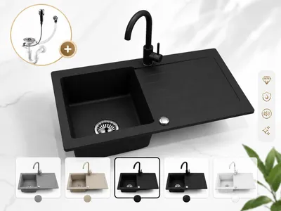 Produktbild von Faizee Home Granitspüle Schwarz 75 × 44 cm mit Armatur Genial Schwarz – Eckige Einbauspüle mit Abtropffläche, reversibel montierbar, Küchenspüle für Unterschränke ab 45 cm inkl. Siphon-Set mit Armatur Grau