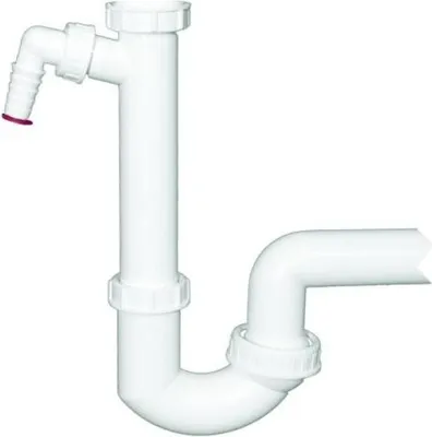 A white plastic siphon pipe assembly for plumbing.