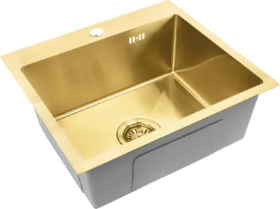 A top-down, angled view of a gold sink with a gray exterior, set against a white background.