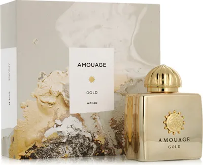 A perfume bottle and its packaging are displayed together.