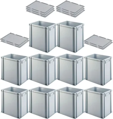 Immagine prodotto di SuperSparSet 10x contenitore Euro con maniglia e coperchio chiusi | HxLxP 40x30x40cm | 37 litri | Grigio | Eurobox, contenitore da trasporto, contenitore da trasporto, contenitore impilabile