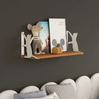Zdjęcie produktu dla Półka ścienna z motywem kota, drewno i metal, biała, 60 x 20 x 20 cm