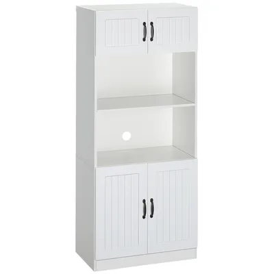 Produktbild von HOMCOM Küchenschrank Küchenbuffet Hochschrank mit 2 Regalen und 2 Schränken Esszimmerschrank mit verstellbaren Regalböden Mikrowellenregal Anti-Kipp-Gurt Landhausstil Spanplatte Weiß 70 x 40 x 170 cm