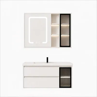 Image de Ensemble meuble de salle de bain avec vasque et armoire miroir LED - 100 cm - Blanc - ARVIA