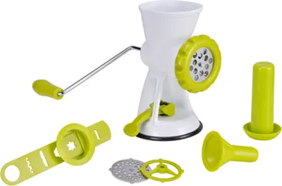Produktbild von Fleischwolf Kunststoff mit standsicherem Saugfuß - 2 Lochaufsätze + Wurstaufsatz + Spiritzgebäck