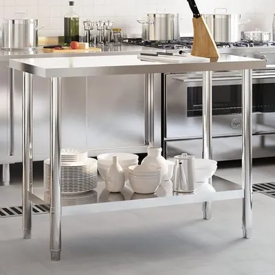Image de Table de travail en acier inoxydable, dimensions 110x55x85 cm, table de préparation pour cuisine professionnelle, table de restauration avec étagère et pieds réglables, table en acier inoxydable robuste