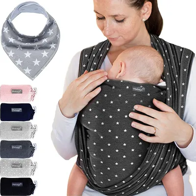 Produktbild von Unyqoos® Makimaja Tragetuch Dunkelgrau mit Sternen – Babytrage für Neugeborene & Babys bis 15 kg, weich 95% Baumwolle/5% Elasthan, inkl. Lätzchen